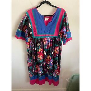 Vintage Appel 90s Floral Muumuu Dress Pink Blue Colorblock Cotton Made in USA L